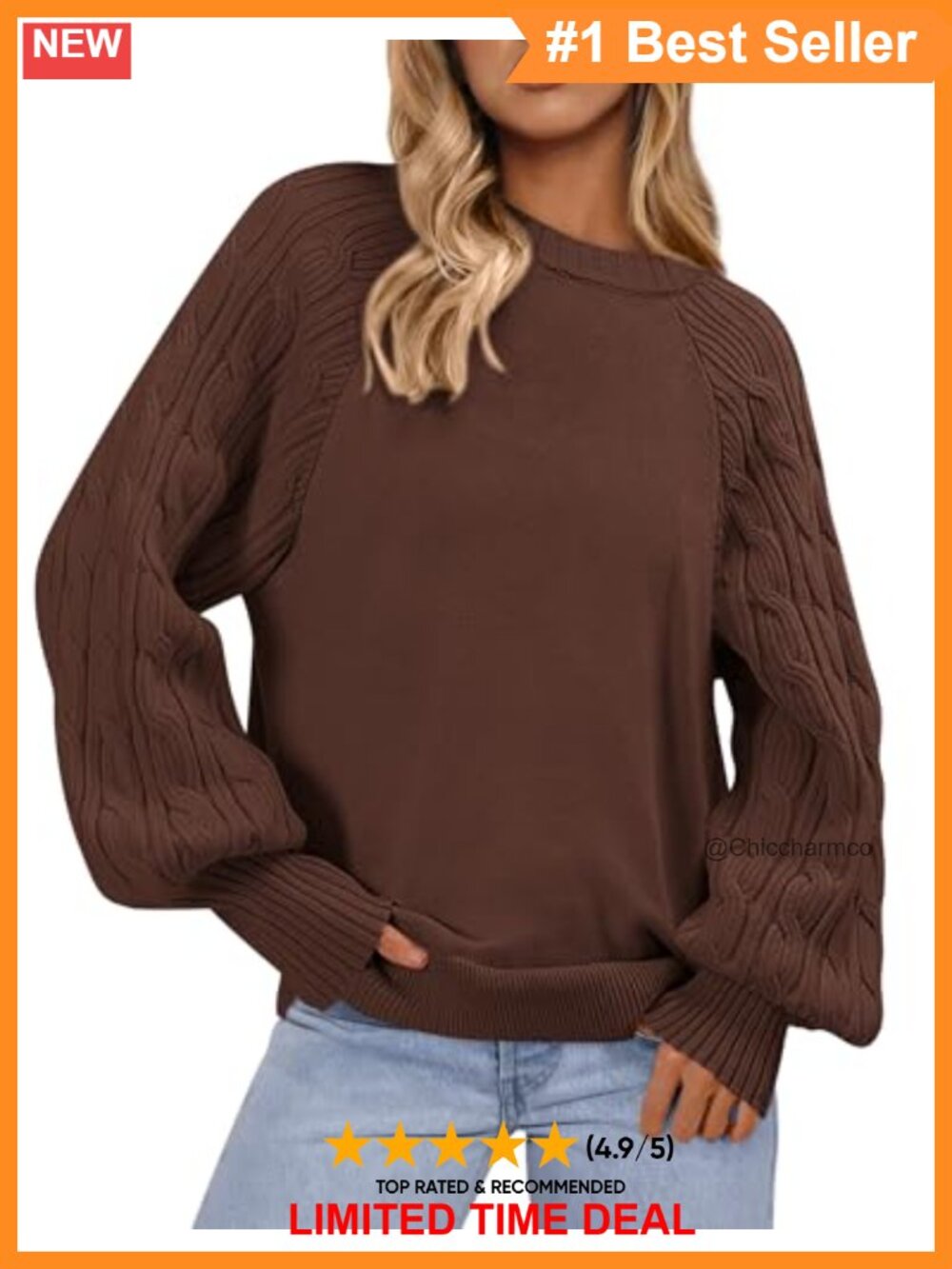 Women's Cable Knit Crewneck Long Sleeve Pullover Sweater
